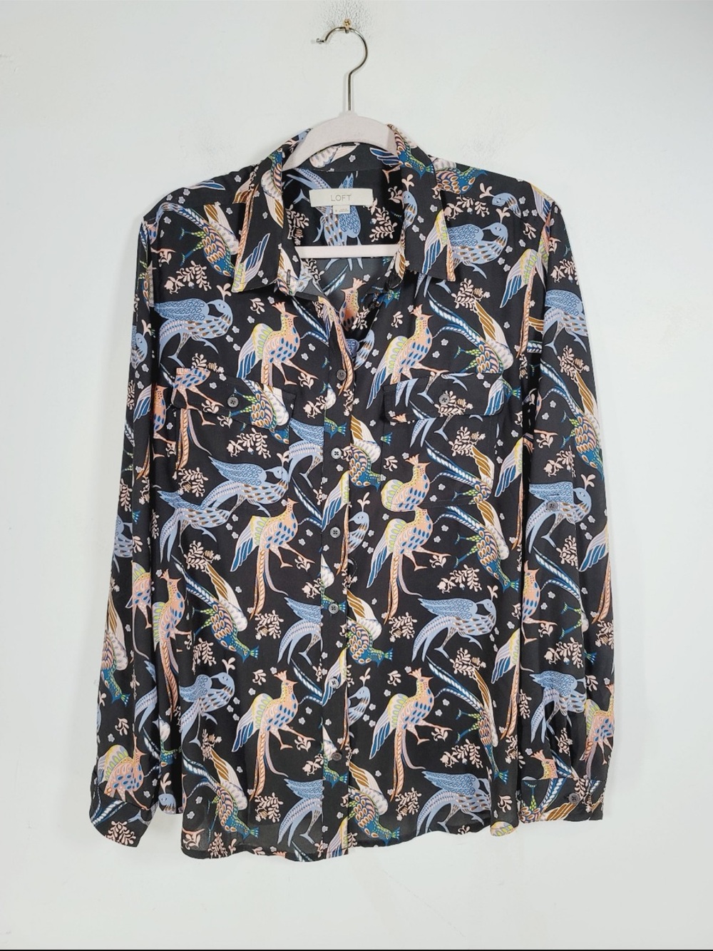 LOFT Black Bird-Print Button Front Shirt with Pastel Accents, Size XL